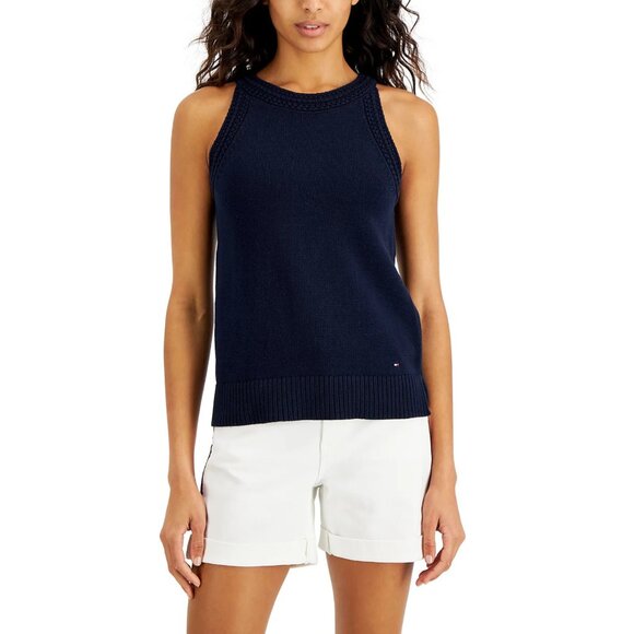 Tommy Hilfiger Women's Crochet Trim Sleeveless Sweater Blue - Picture 1 of 8